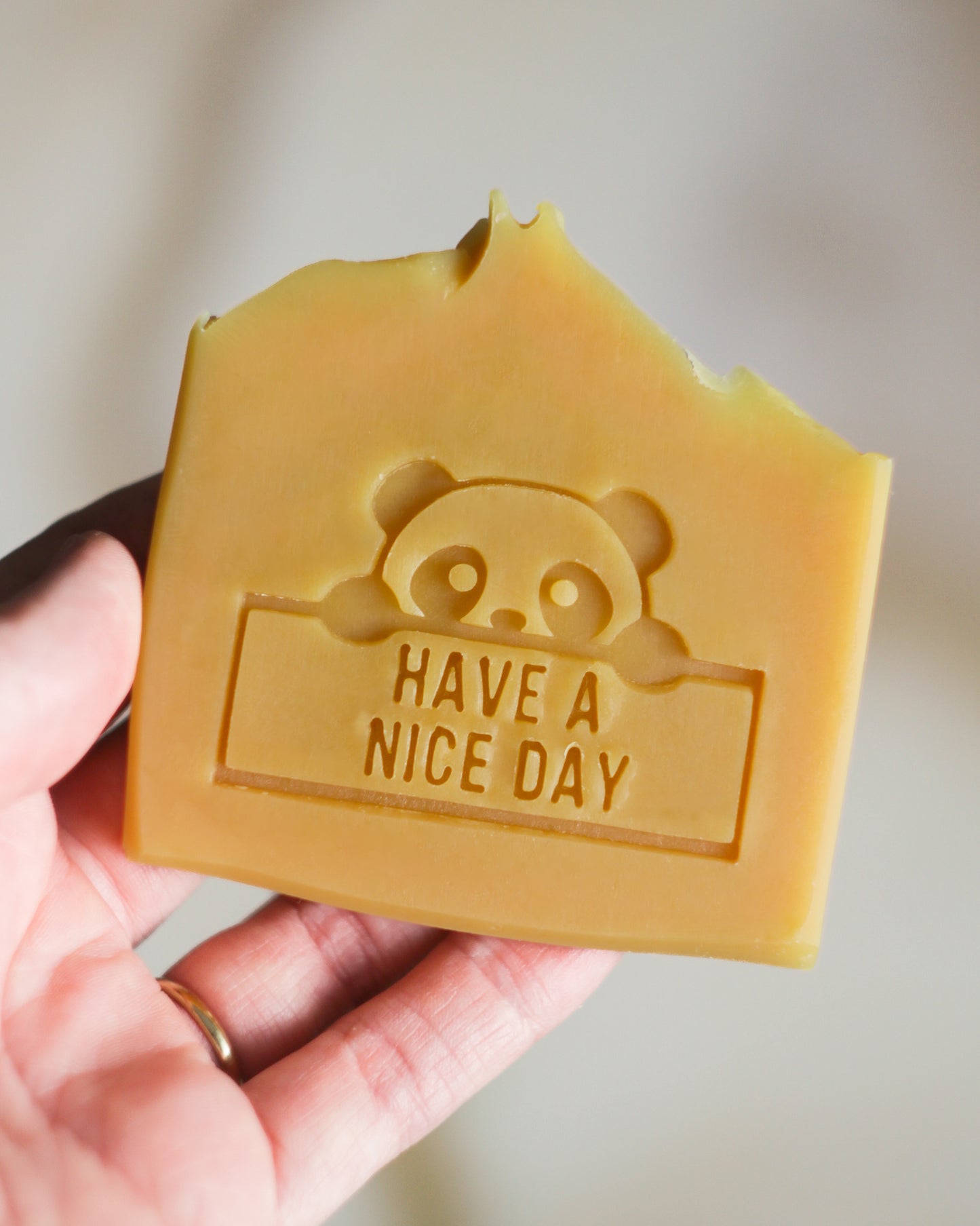 Panda says 'have a nice day' soap stamp